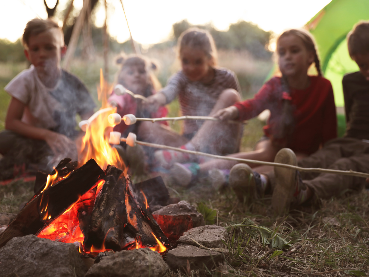 Kinderen roosteren marshmallows boven een kampvuur naast een tent tijdens het kamperen