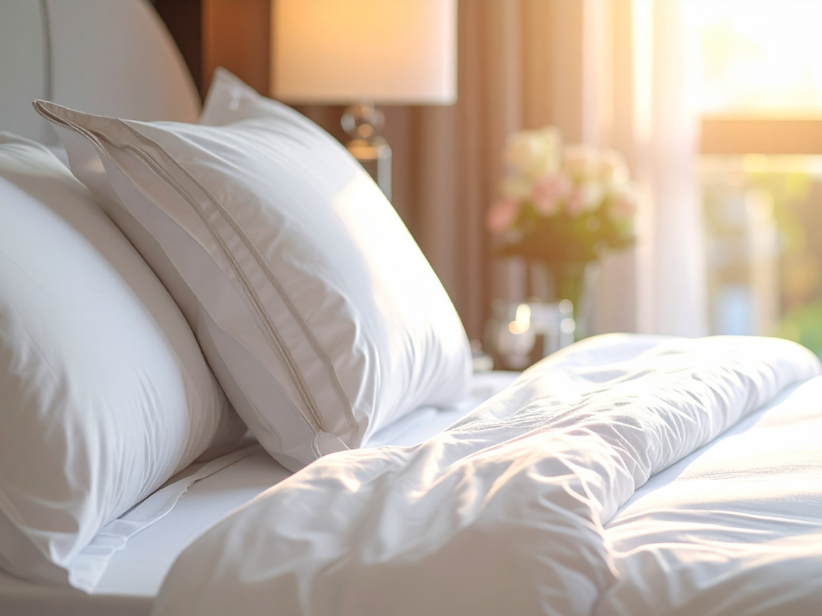 Opgemaakt tweepersoonsbed met witte kussens en dekbed in een lichte, sfeervolle hotelkamer