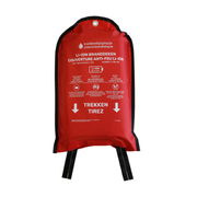 Rood branddeken voor li-ion batterijen in smartphones, laptops en powerbanks met afmeting 1,55m x 1,55m