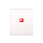 Witte brandhaspelkast met rood pictogram van een brandhaspel