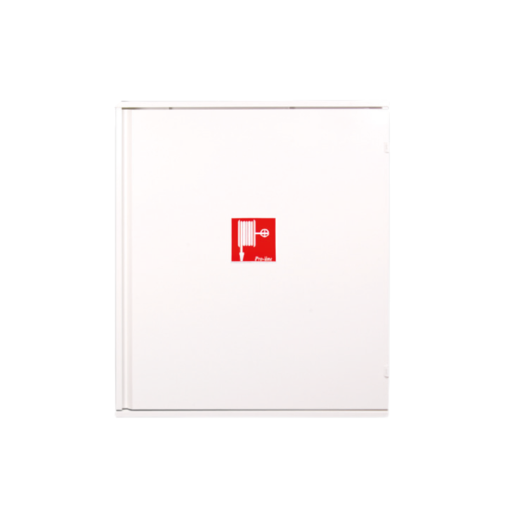 Witte brandhaspelkast met rood pictogram van een brandhaspel