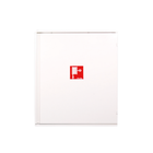 Witte brandhaspelkast met rood pictogram van een brandhaspel