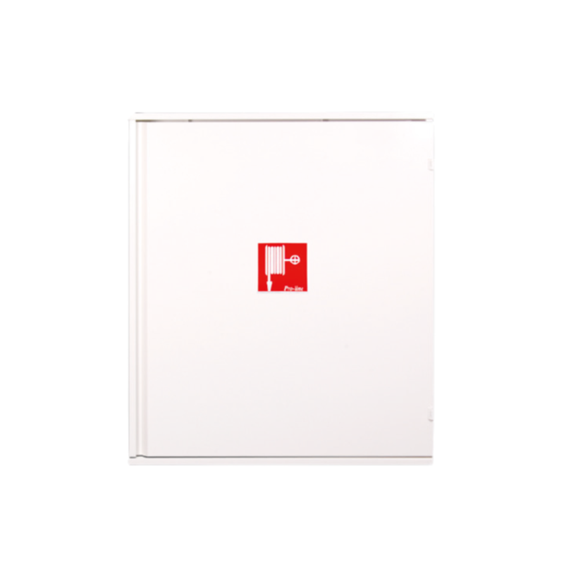 Witte brandhaspelkast met rood pictogram van een brandhaspel