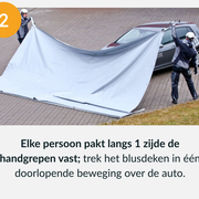 Gebruiksaanwijzing stap 2 voor het gebruiken van een branddeken voor brandende elektrische auto's