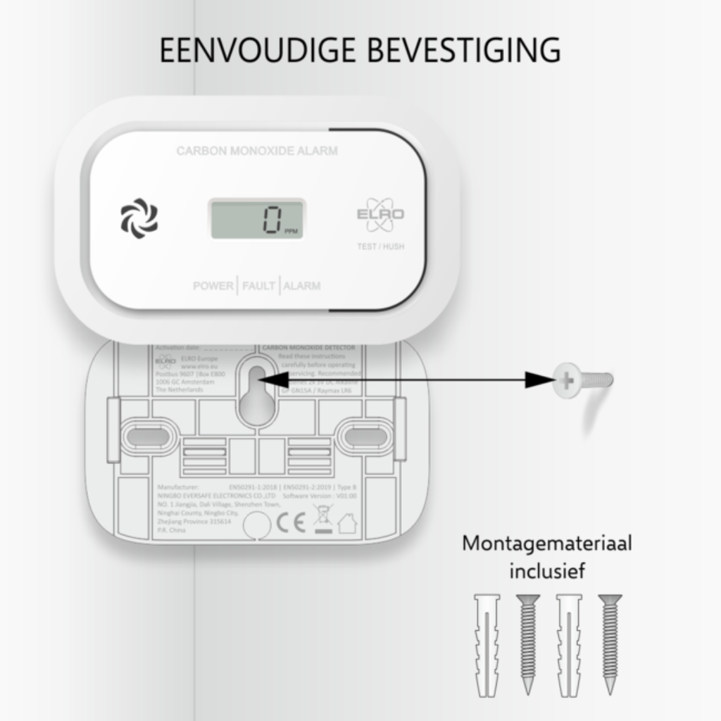 Elro koolmonoxidemelder met digitaal scherm wandmontage via schroeven op achterzijde
