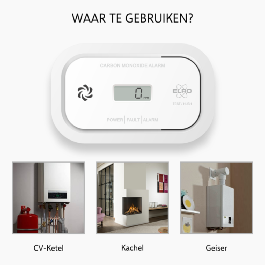 Elro koolmonoxidemelder met digitaal scherm geschikt voor CV-ketel, kachel en geiser