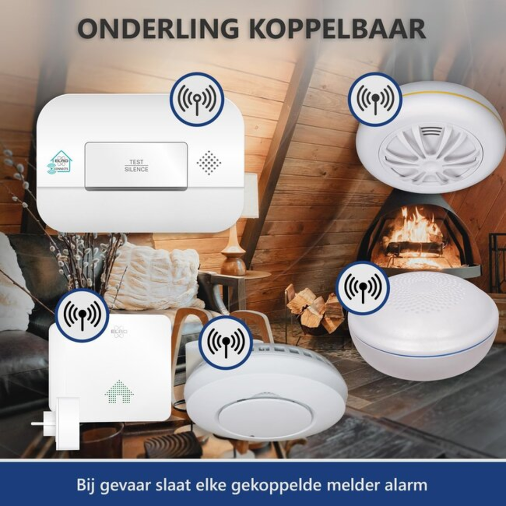 Elro Connects CO-melder onderling koppelbaar door middel van grote functieknop
