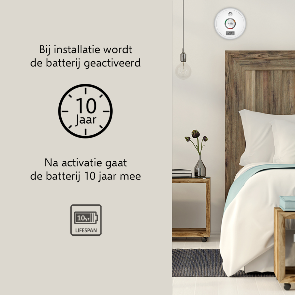 Elro design koolmonoxidemelder wordt automatisch geactiveerd bij installatie en heeft levensduur van 10 jaar