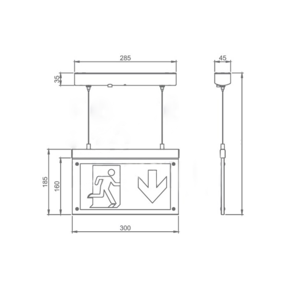 Noodverlichtingsbord LED met pictogrammen volgens ISO 7010 en pendelsysteem afmetingen