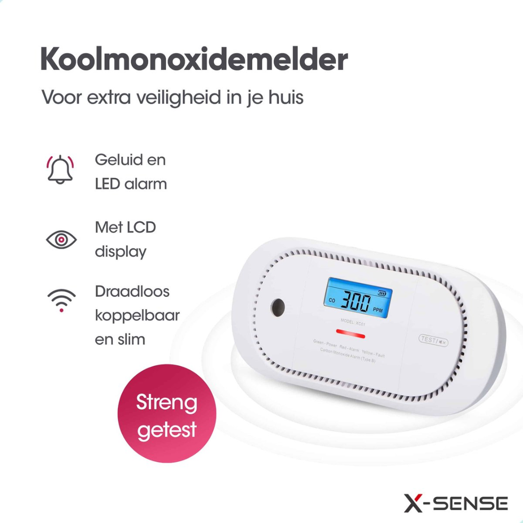 X-Sense CO-melder Link+ Pro met LCD display en draadloos koppelbaar via RF of Wifi