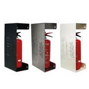 Drie design brandblushouders wit, rvs en antraciet met laser cutting van brandblusser-symbool met brandblusser