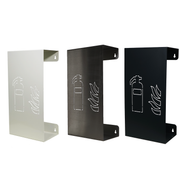 Drie design brandblushouders wit, rvs en antraciet met laser cutting van brandblusser-symbool