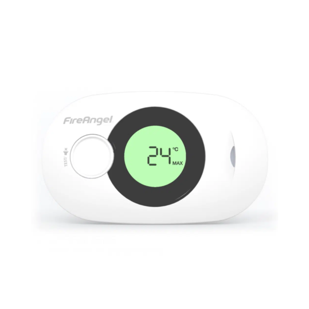 Fire Angel koolmonoxidemelder met aanduiding temperatuur op digitaal scherm