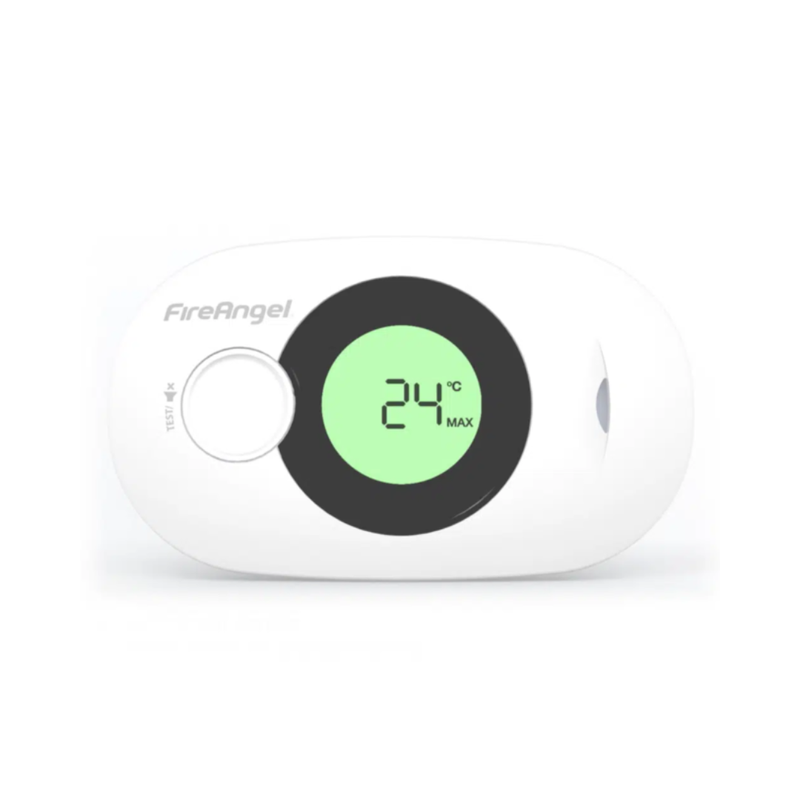 Fire Angel koolmonoxidemelder met aanduiding temperatuur op digitaal scherm