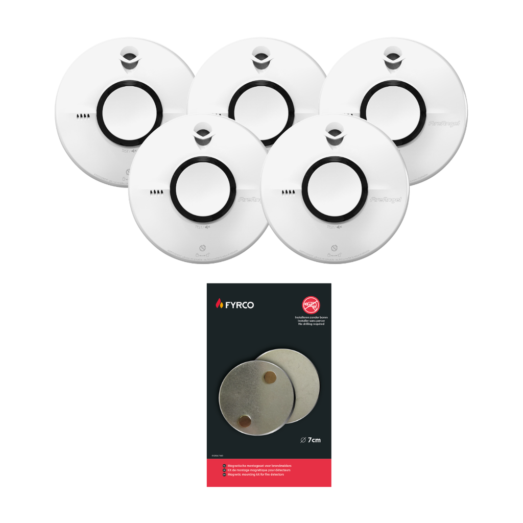 Pakket 5 rookmelders fire angel met thermoptek technologie met magnetische montageset voor montage zonder boren