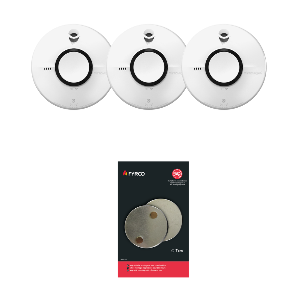 Pakket 3 rookmelders fire angel met thermoptek technologie met magnetische montageset voor montage zonder boren