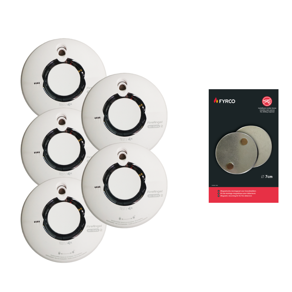 Pakket 5 Fire Angel rookmelders Wi-safe met magnetische montageset