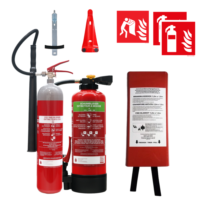 basispakket met een schuimbrandblusser en CO2-brandblusser en accessoires voor horecazaken