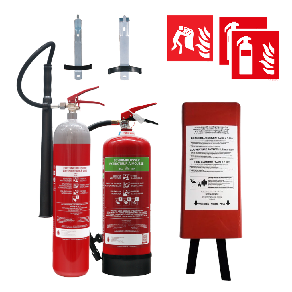 basispakket met een schuimbrandblusser en CO2-brandblusser en accessoires voor horecazaken