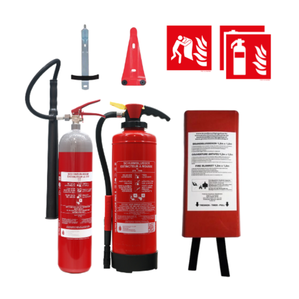basispakket met een schuimbrandblusser en CO2-brandblusser en accessoires voor horecazaken