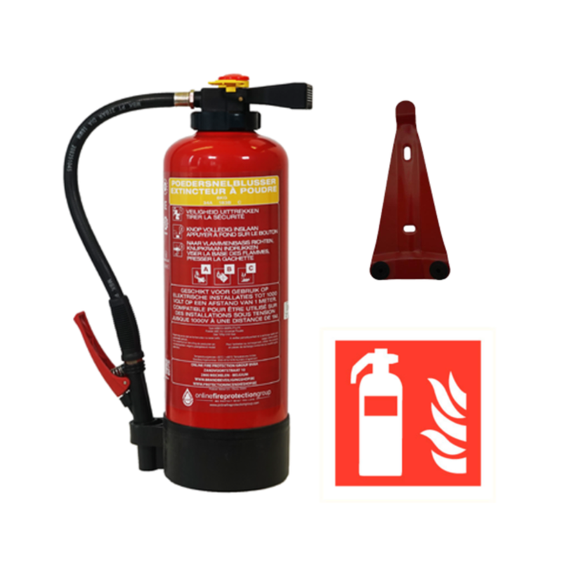 Basispakket met poederbrandblusser 6kg intern patroon, muurbeugel en pictogram