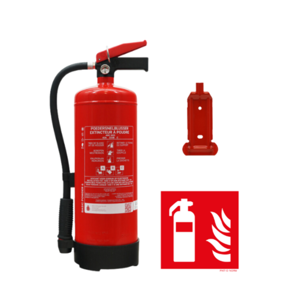 Basispakket met poederbrandblusser 6kg permanente druk, muurbeugel en pictogram