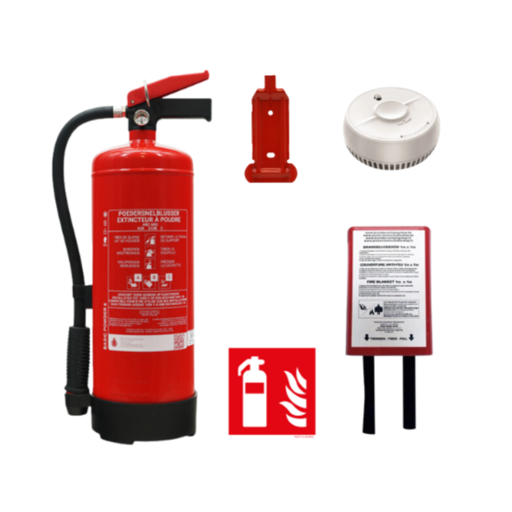 Basispakket met poederbrandblusser 6kg permanente druk, muurbeugel, rookmelder, branddeken en pictogram