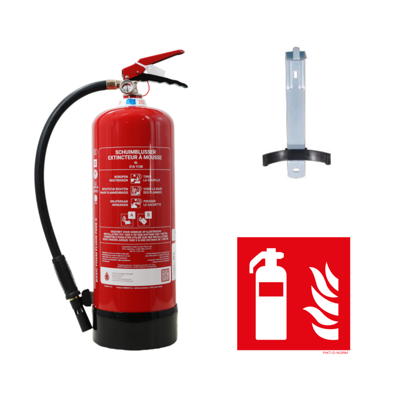 Voordeelbundel met schuimbrandblusser fluorvrij 6l onder permanente druk, muurbeugel en pictogram pvc