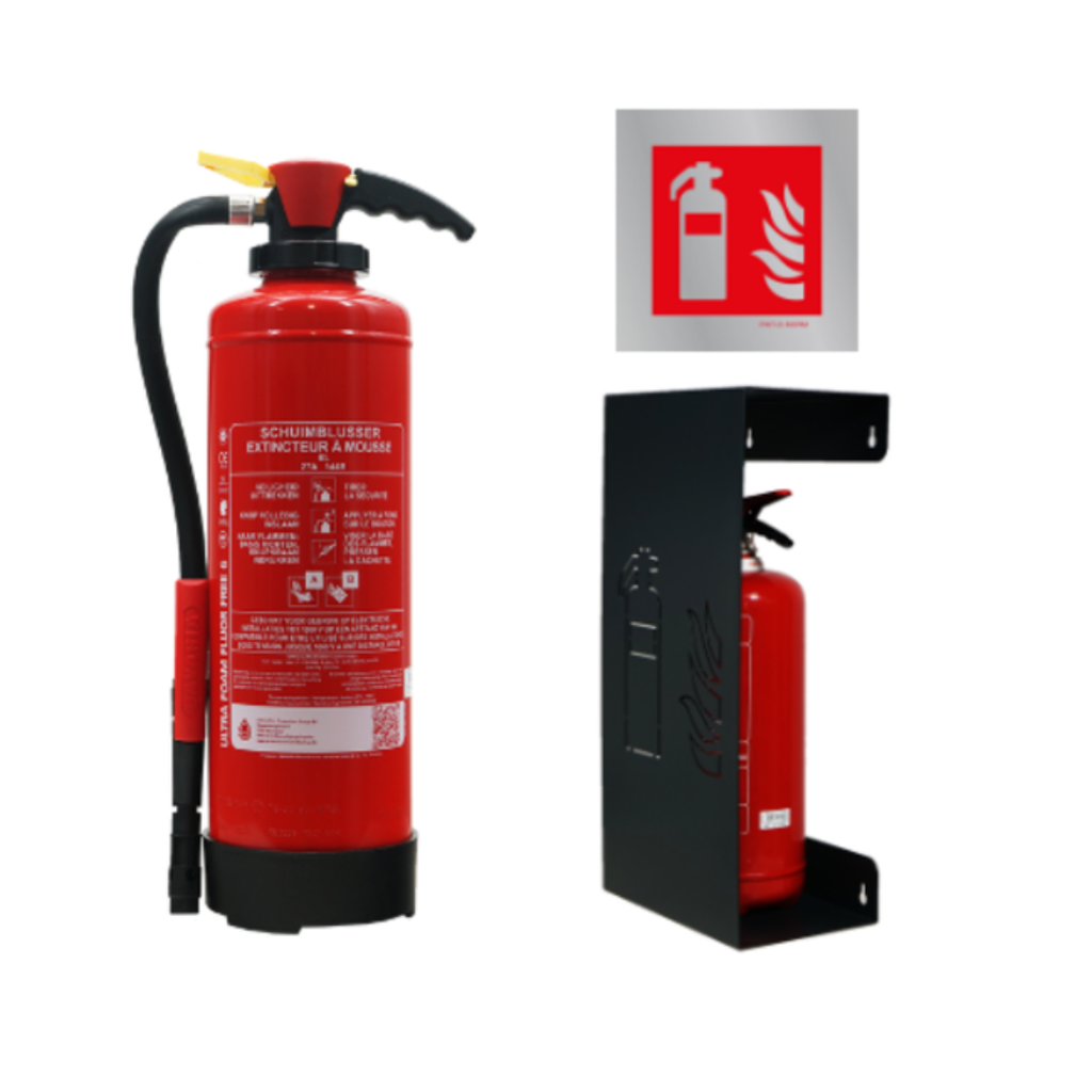 Pakket met schuimbrandblusser fluorvrij 6l, een design brandblushouder antraciet en een pictogram brandblusser aluminium