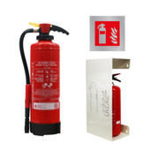 Pakket met schuimbrandblusser fluorvrij 6l, een design brandblushouder wit en een pictogram brandblusser aluminium