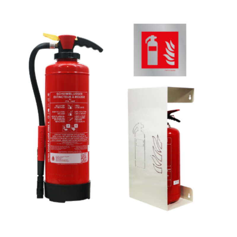 Pakket met schuimbrandblusser fluorvrij 6l, een design brandblushouder wit en een pictogram brandblusser aluminium