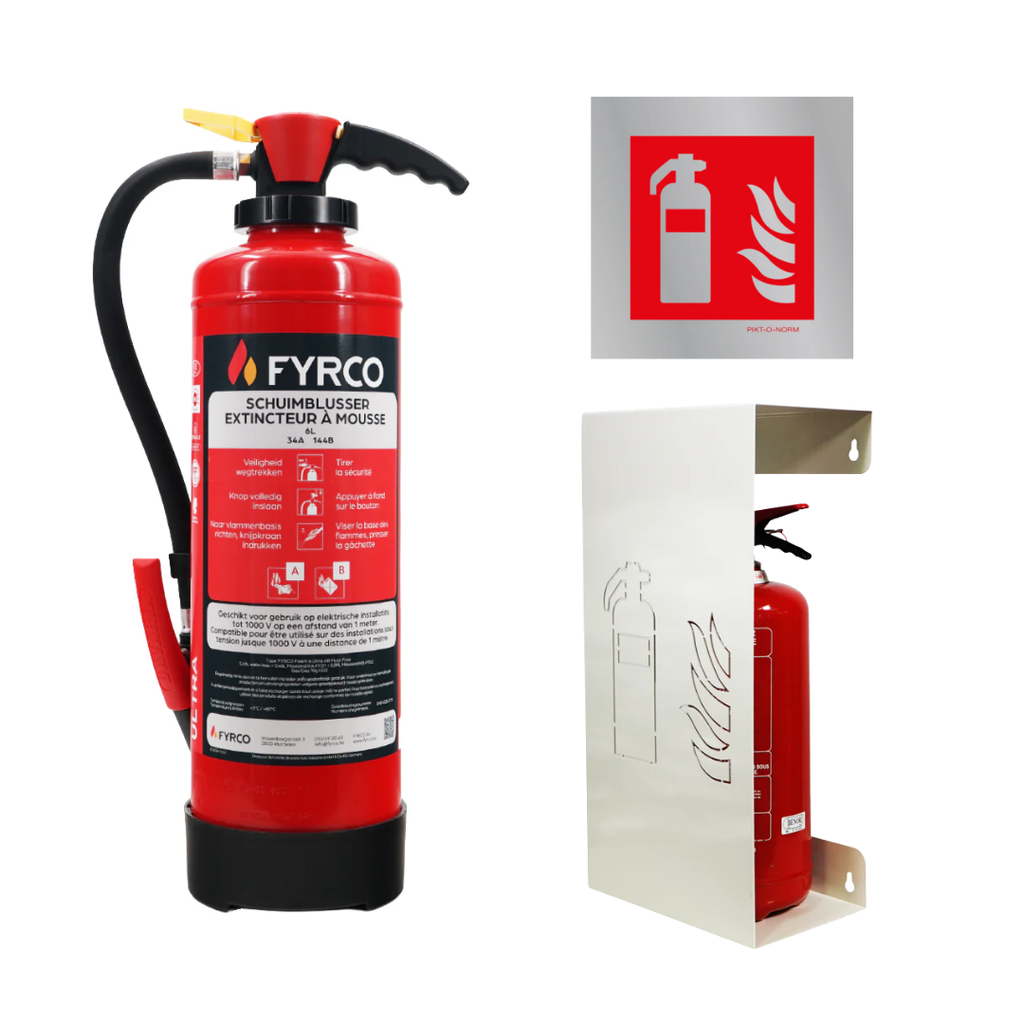 Pakket met schuimbrandblusser fluorvrij 6l, een design brandblushouder wit en een pictogram brandblusser aluminium