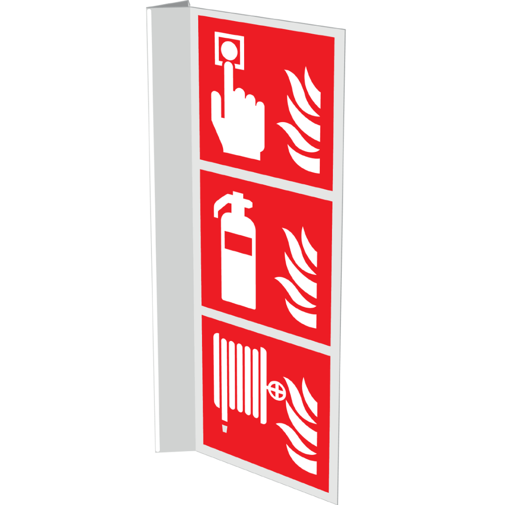Pictogram combi brandmelder brandblusser brandhaspel rood wit pvc haaks gemonteerd volgens ISO 7010