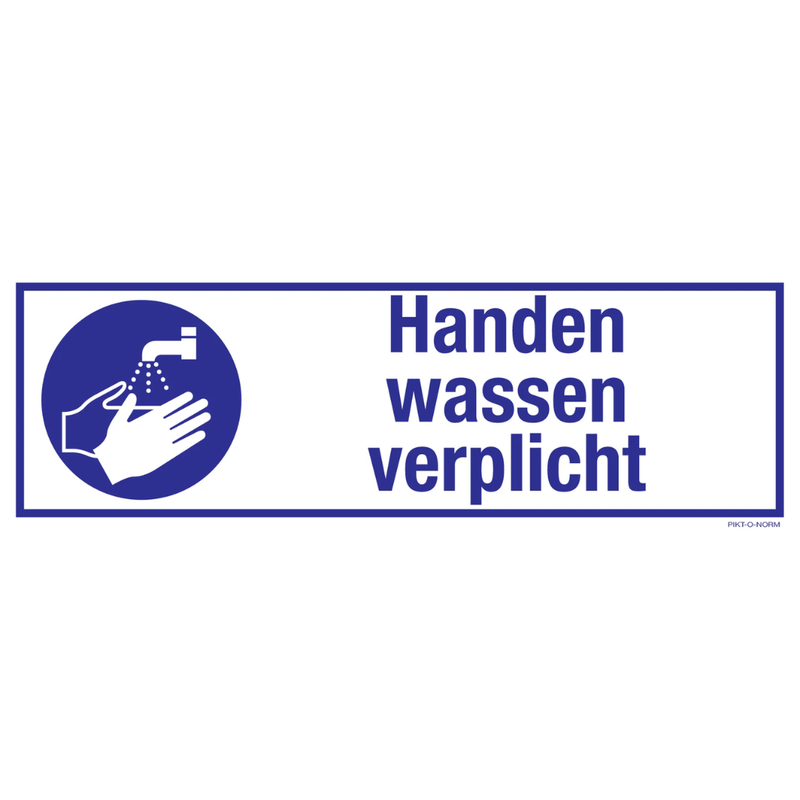 Pictogram handen wassen verplicht tekst blauw wit volgens ISO 7010