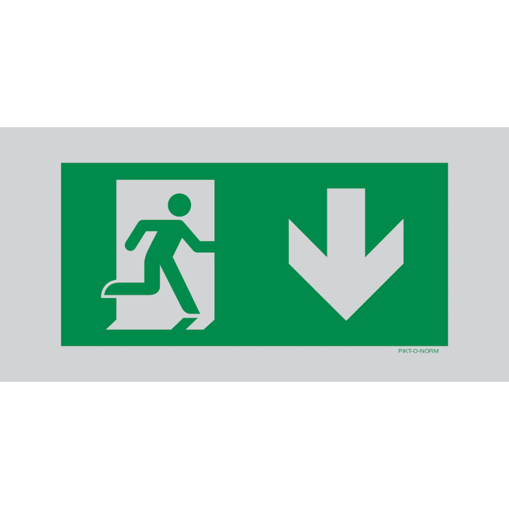 Pictogram nooduitgang beneden groen wit aluminium volgens ISO 7010
