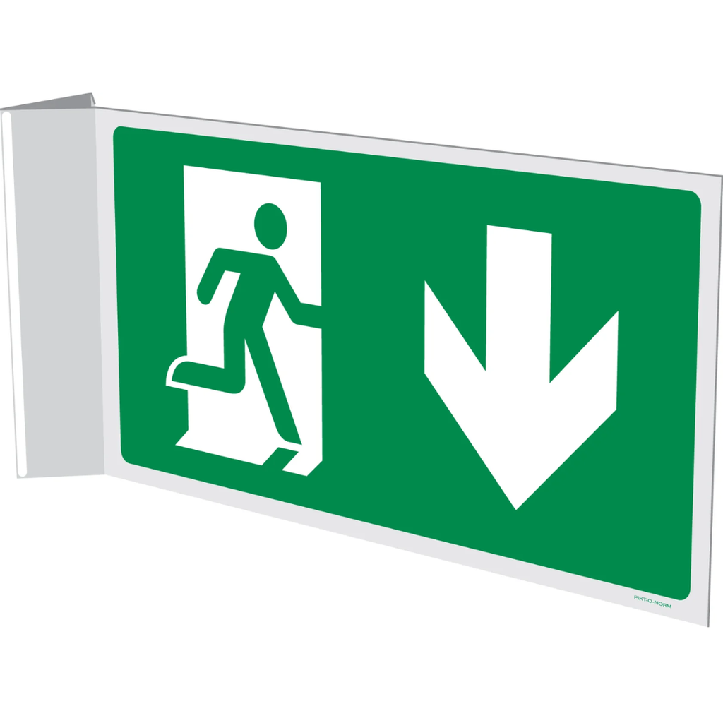 Pictogram nooduitgang beneden groen wit pvc haaks gemonteerd volgens ISO 7010