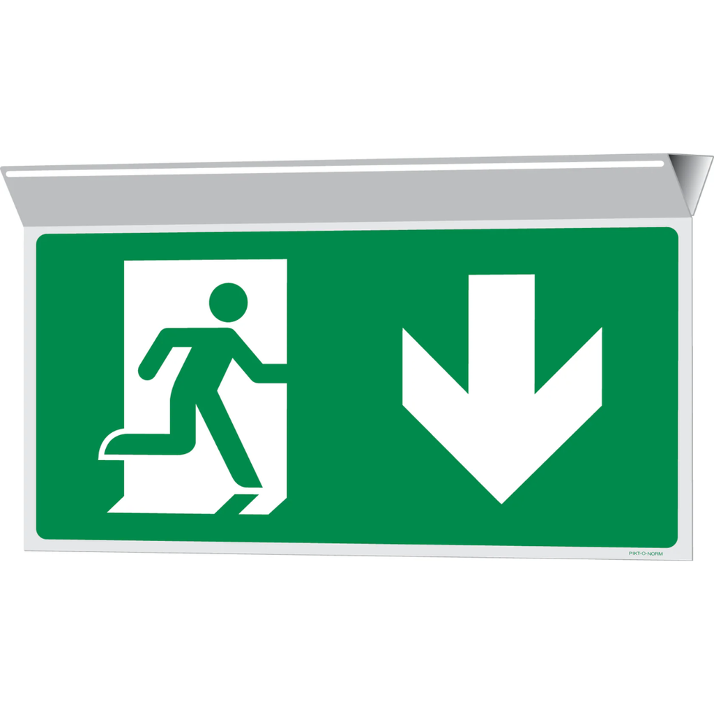 Pictogram nooduitgang beneden groen wit pvc met plafondmontage volgens ISO 7010