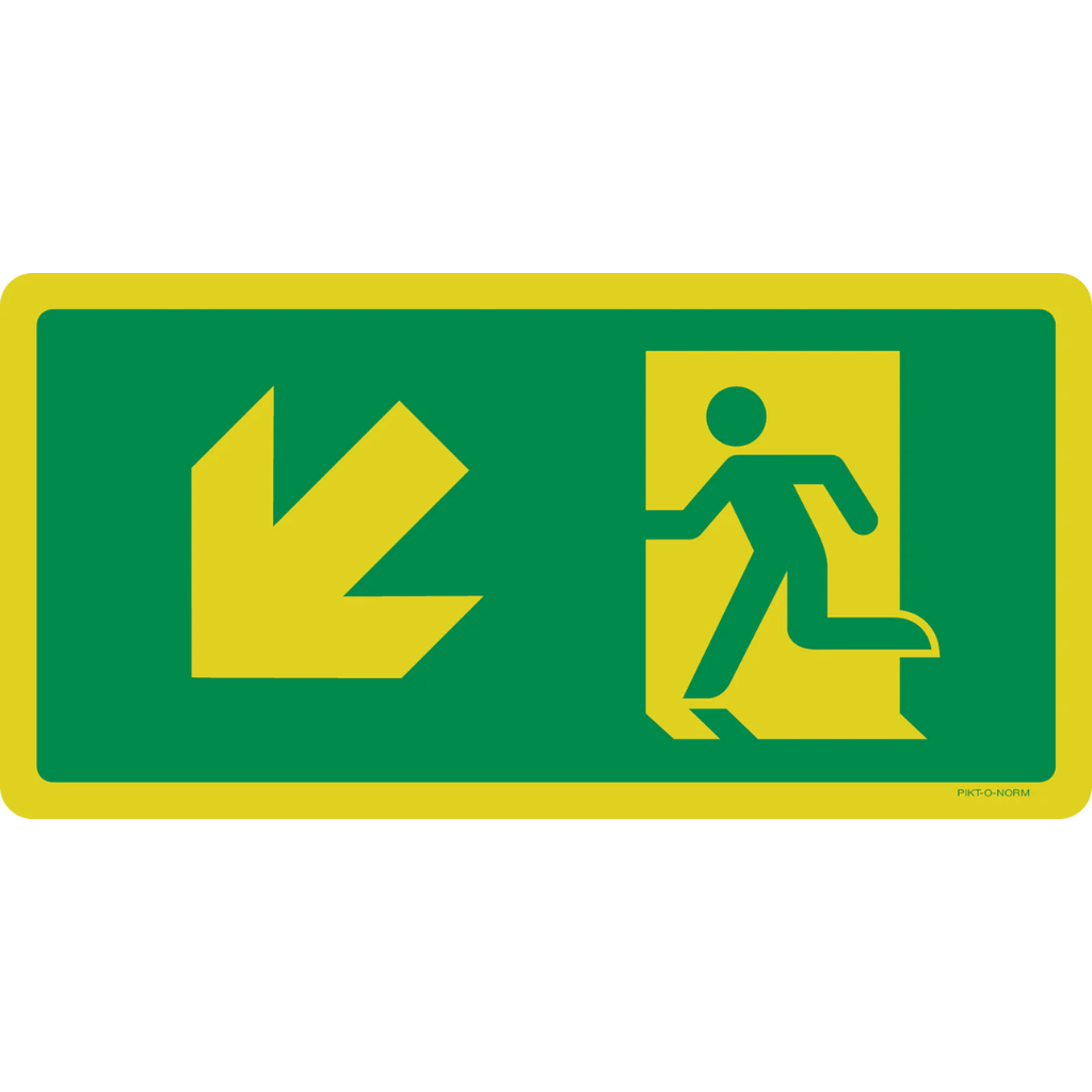 Pictogram nooduitgang beneden links groen wit pvc luminescerend volgens ISO 7010