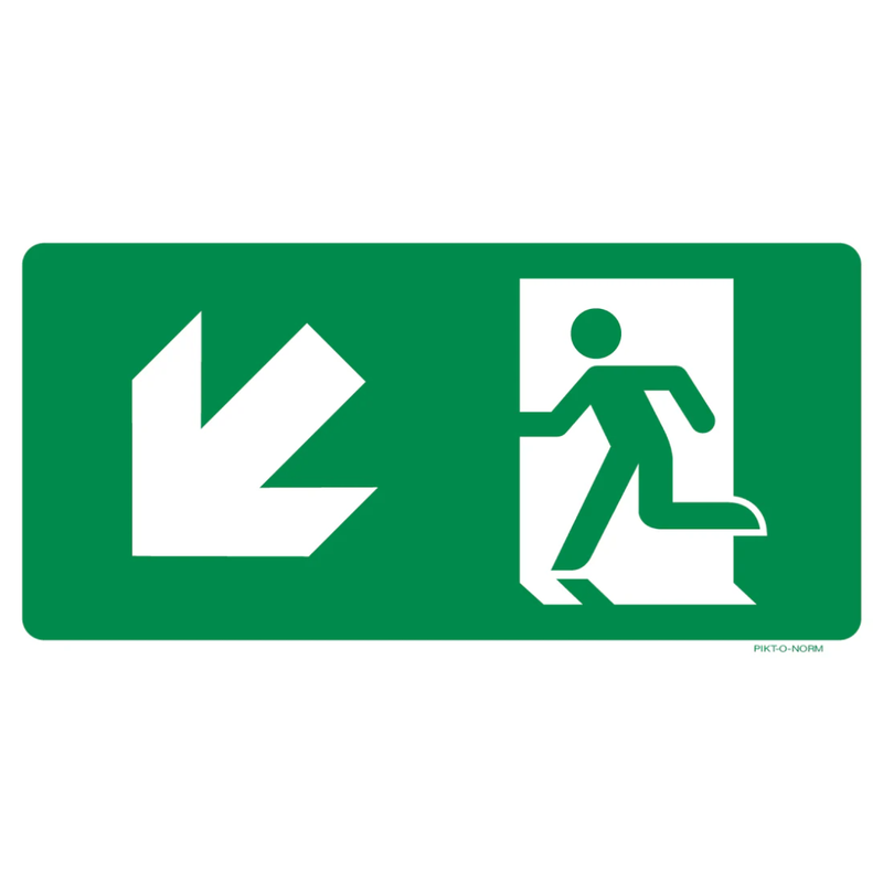 Pictogram nooduitgang beneden links groen wit volgens ISO 7010