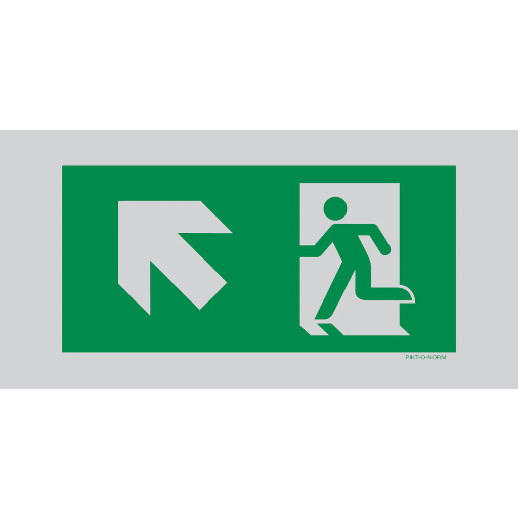 Pictogram nooduitgang boven links groen wit aluminium volgens ISO 7010