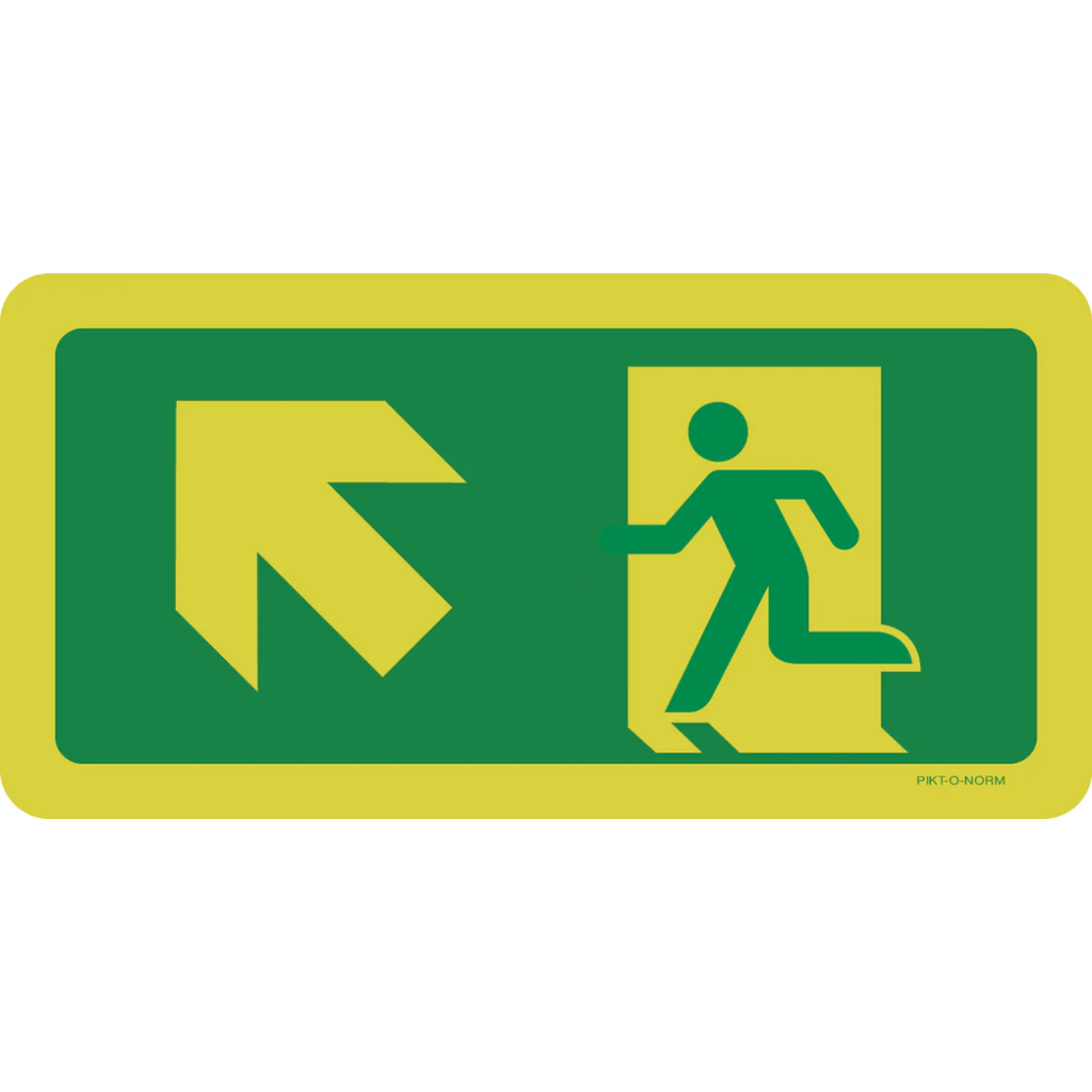 Pictogram nooduitgang boven links groen wit pvc luminescerend volgens ISO 7010