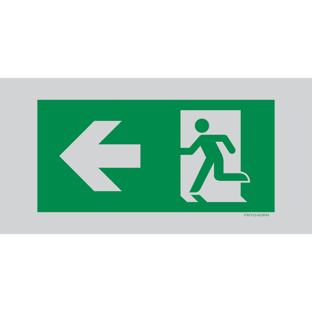 Pictogram nooduitgang links groen wit aluminium volgens ISO 7010
