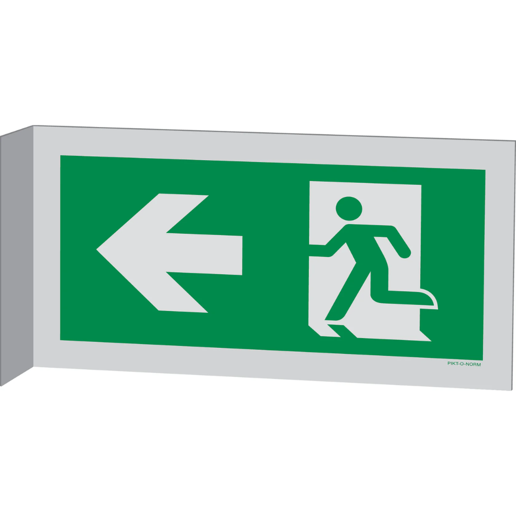 Pictogram nooduitgang links groen wit aluminium haaks gemonteerd volgens ISO 7010