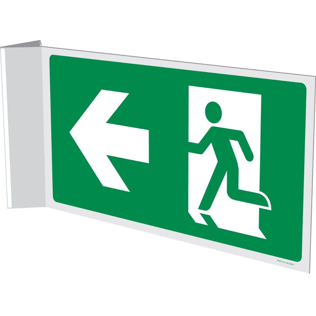 Pictogram nooduitgang links groen wit pvc haaks gemonteerd volgens ISO 7010