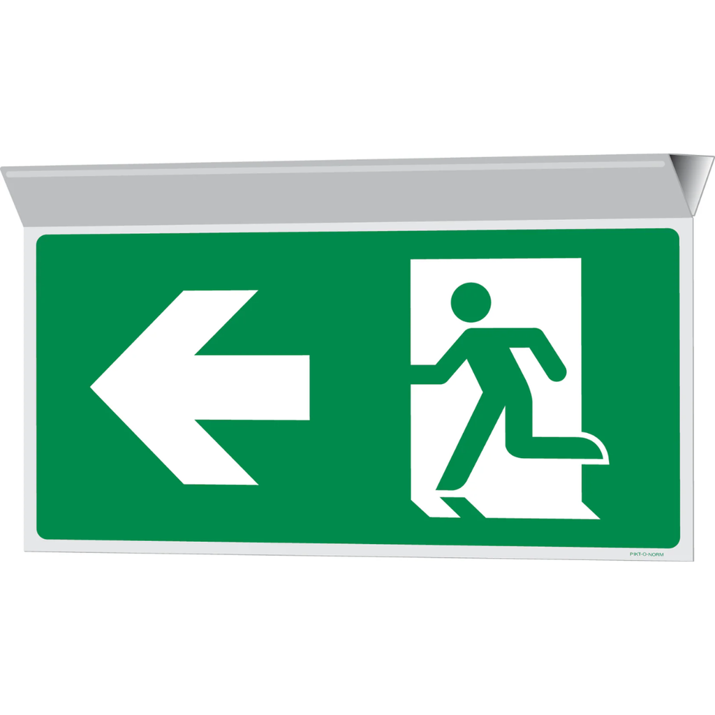 Pictogram nooduitgang links groen wit pvc met plafondmontage volgens ISO 7010
