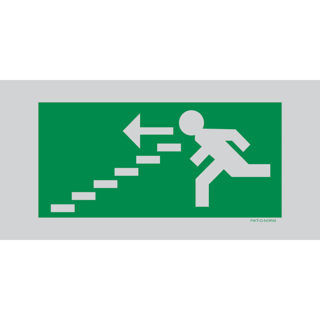 Pictogram nooduitgang links trappen groen wit aluminium