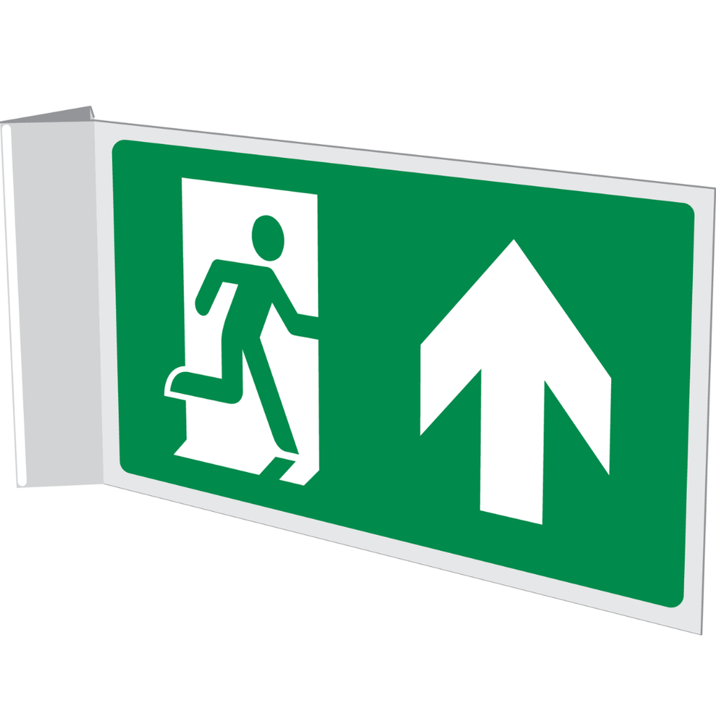 Pictogram nooduitgang rechtdoor groen wit pvc haaks gemonteerd volgens ISO 7010
