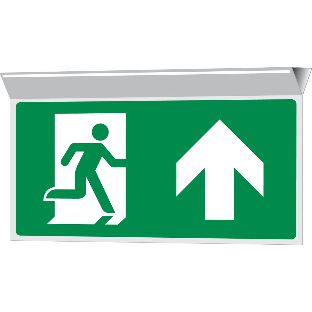 Pictogram nooduitgang rechtdoor groen wit pvc met plafondmontage volgens ISO 7010