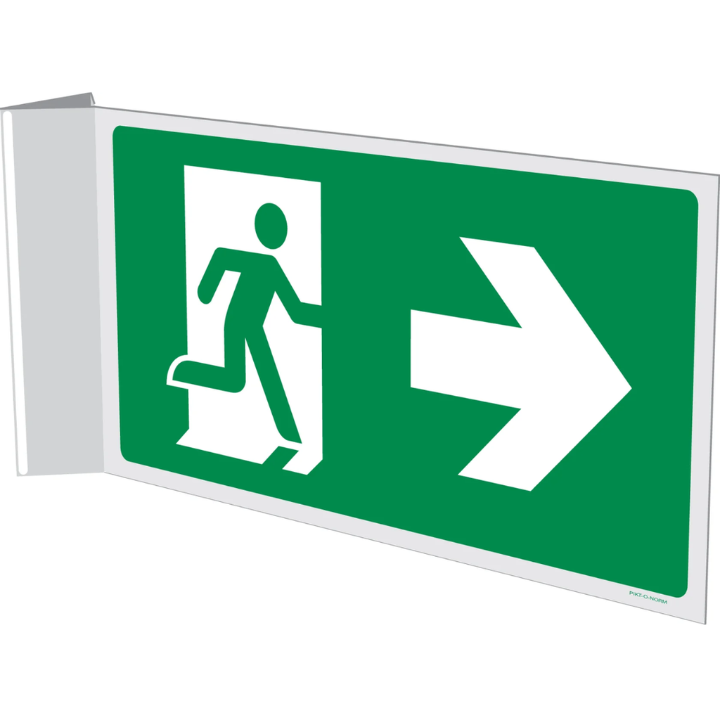 Pictogram nooduitgang rechts groen wit  pvc haaks gemonteerd volgens ISO 7010