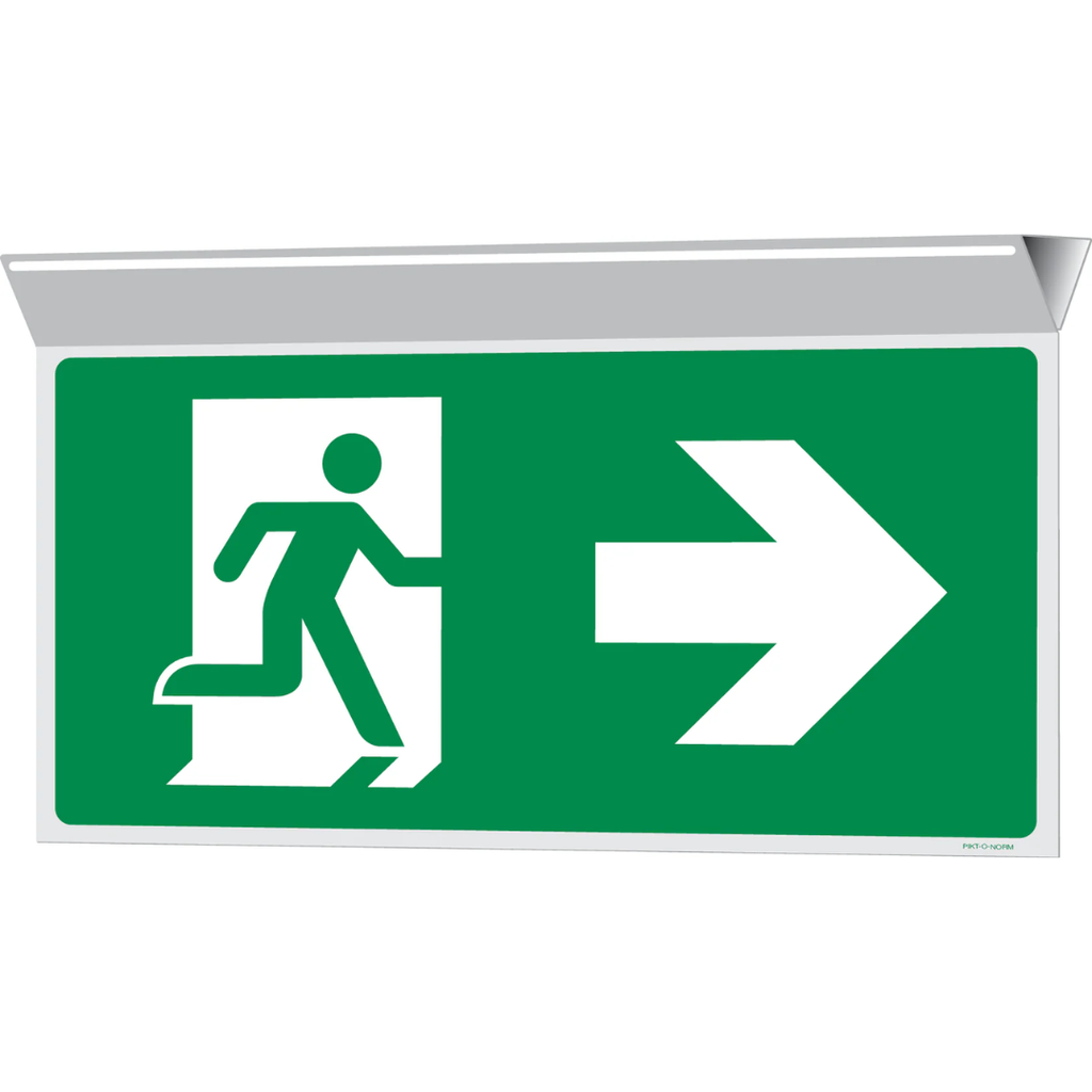 Pictogram nooduitgang rechts groen wit met plafondmontage volgens ISO 7010